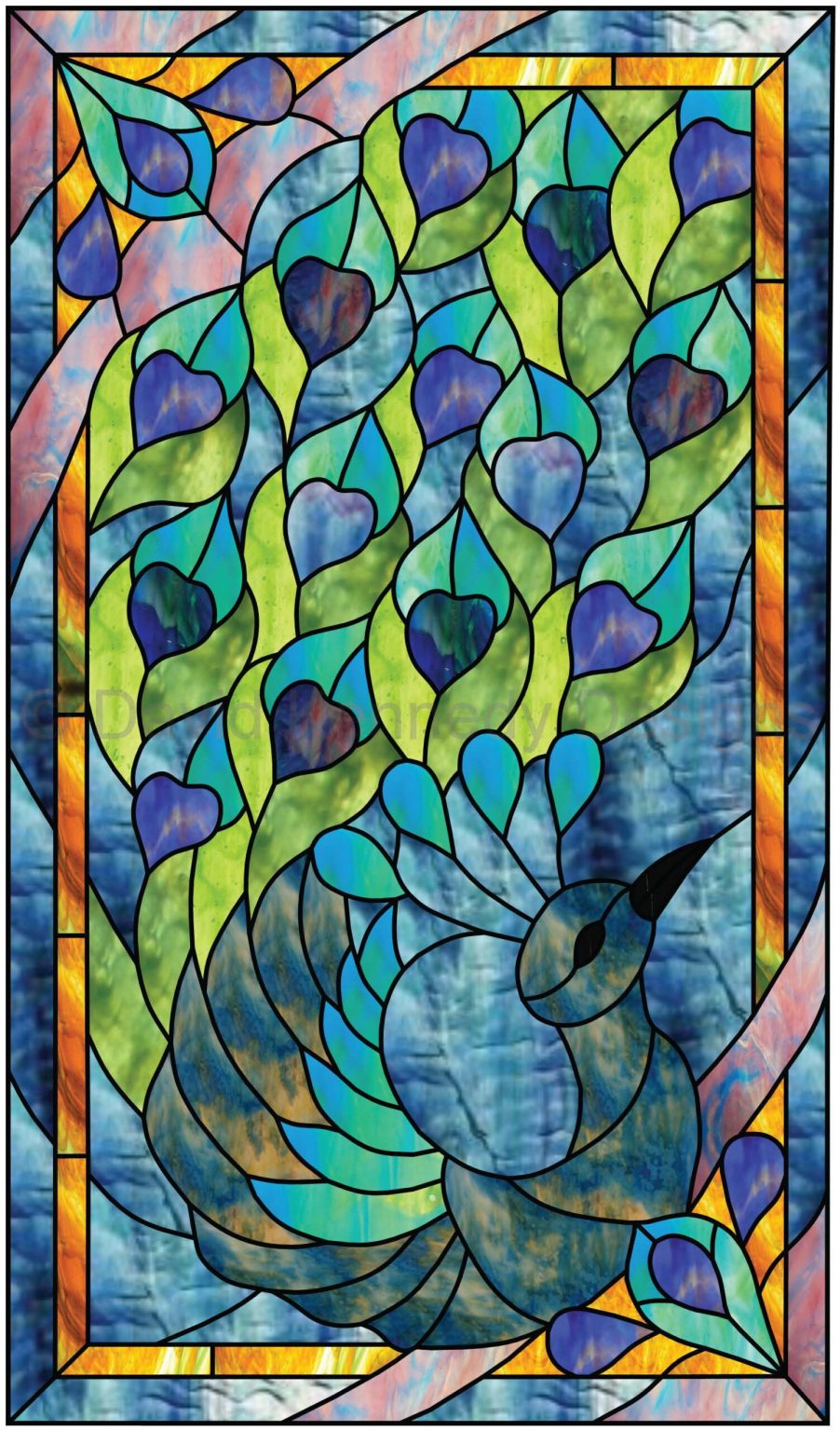 Detailed peacock stained glass panel