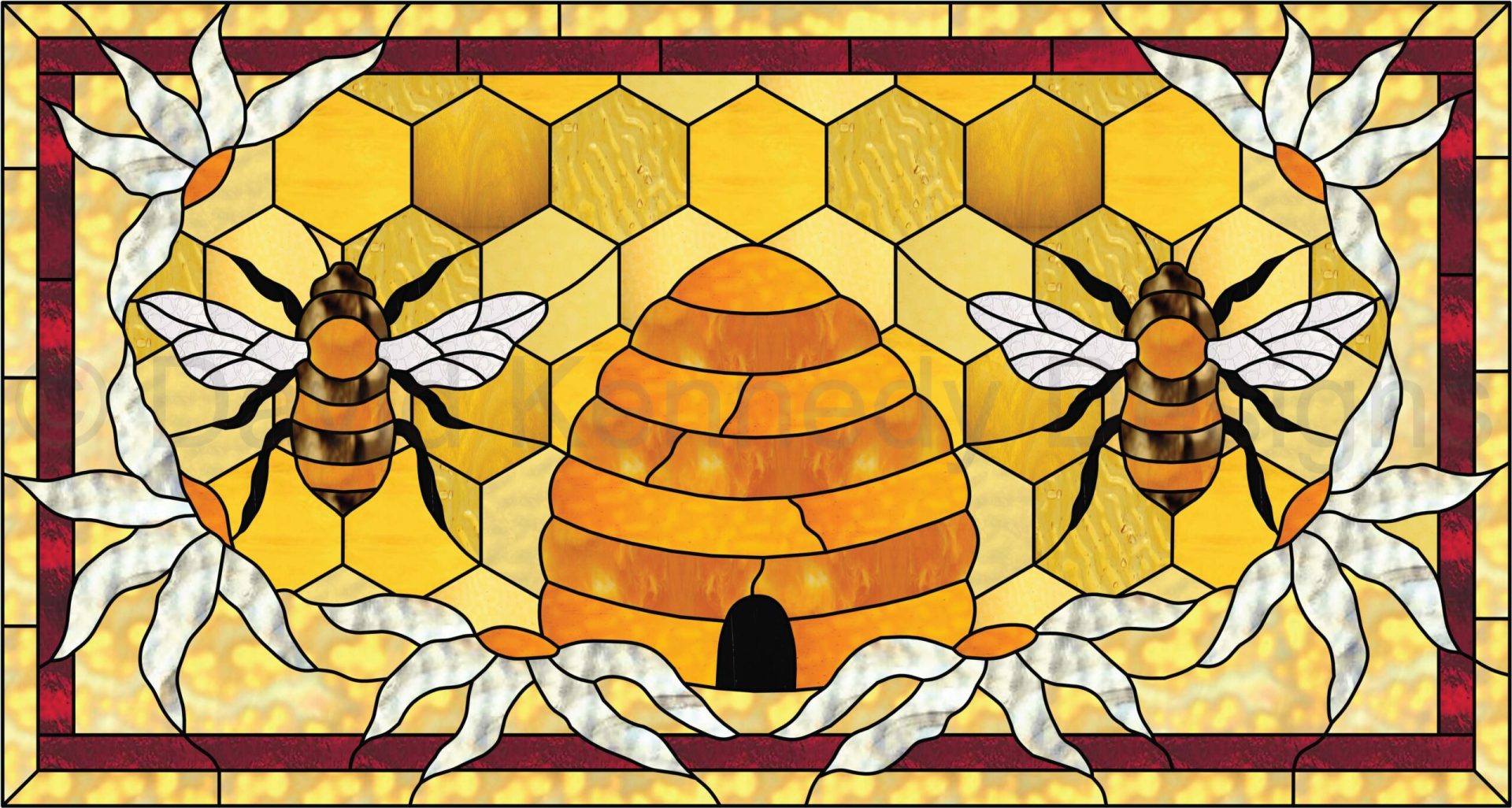 Beehive stained glass transom with bees and flowers